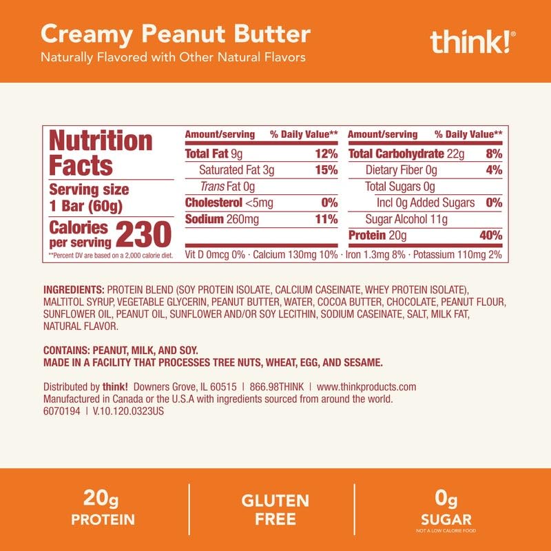 think! Protein Bars, High Protein Snacks, Gluten Free, Kosher Friendly, Creamy Peanut Butter, Nutrition Bars, 2.1 Oz per Bar, 12