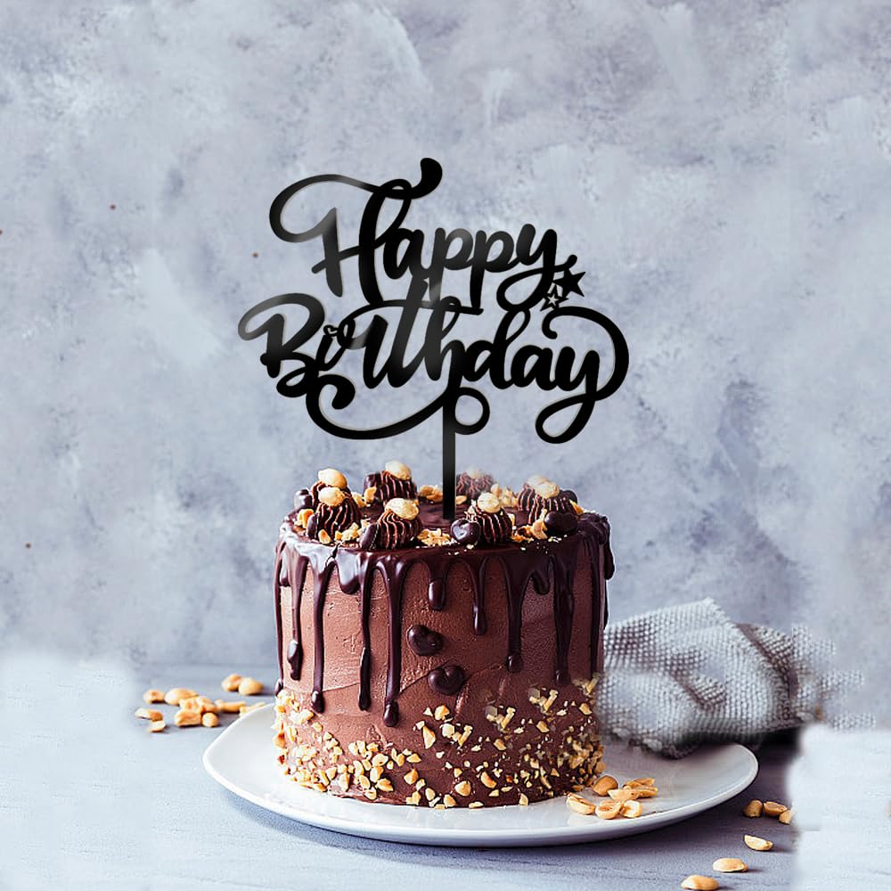Crseniny Happy Birthday Cake Topper,Acrylic Black Birthday Sign Cake Decorations,Anniversary Party/Birthday Party Decoration Sup