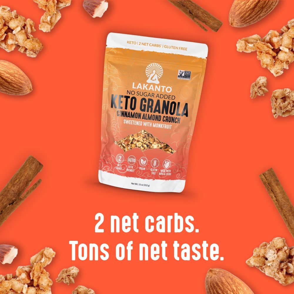 Lakanto Cinnamon Almond Crunch Granola - Delicious Snack, Quick Breakfast Cereal, Keto Friendly, Monk Fruit Sweetener, No Sugar Added, Vegan, Gluten Free, Grain Free, Low Net Carbs (11 Oz)