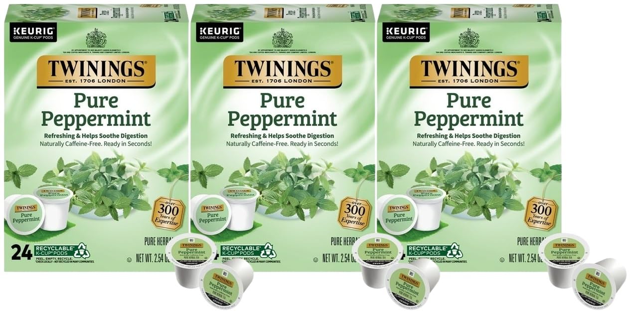 Twinings Pure Peppermint Tea K-Cup Pods, Naturally Caffeine Free, 72 Count, Compatible with Keurig, Model TWI-002