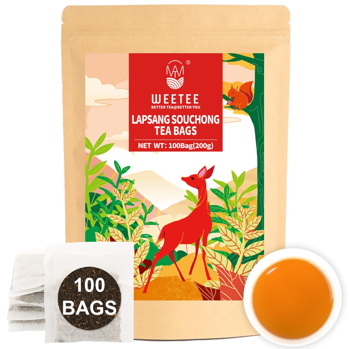 WT WEETEE Lapsang Souchong Tea Bags, Smoky Black Tea, 100 Count, Resealable Kraft Bag, Natural Caffeine & Antioxidants