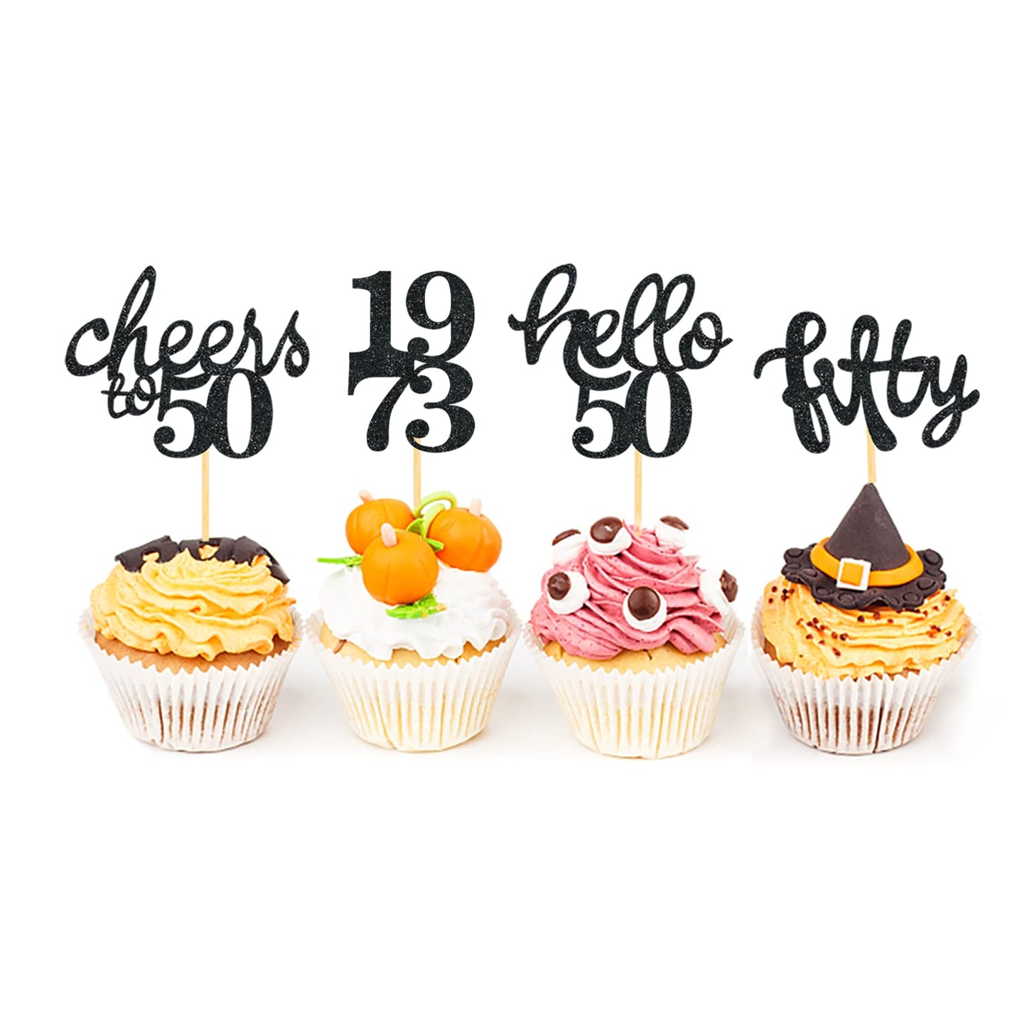 24 Pcs Glitter 50Th Birthday Cupcake Toppers For Celebrating Fifty Years Old Birthday Party Decorations (Black)