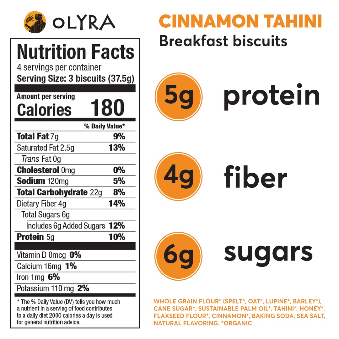 Olyra Breakfast Biscuits Cinnamon Tahini, Kids Healthy Snacks, Low Sugar, High Fiber, Plant-Based Protein Cookies, Organic Break