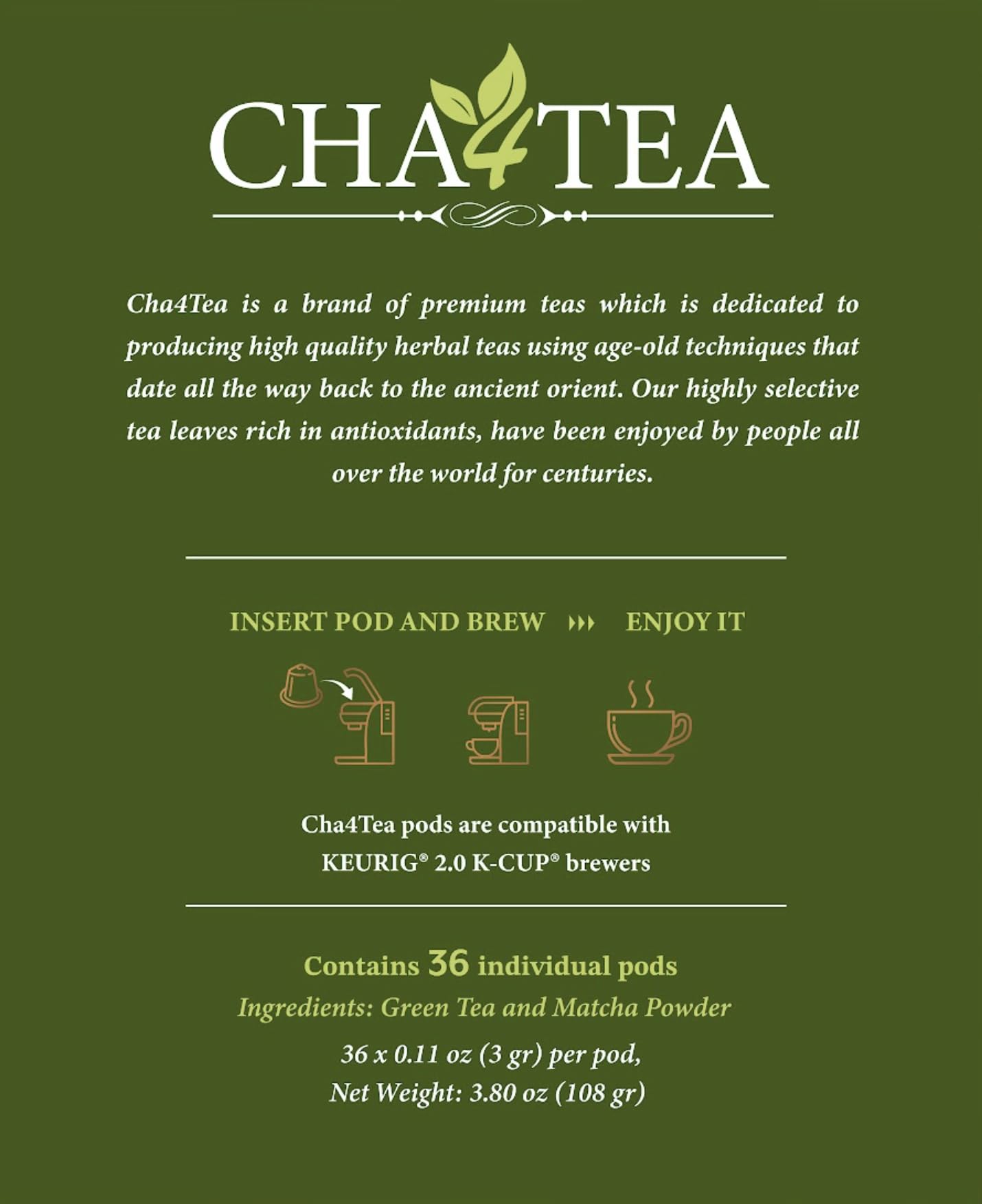 Cha4TEA Matcha Green Tea Pods for Keurig, 36 Count, TE-009-1