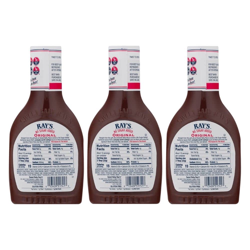 Sweet Baby Rays No Sugar Added Original Barbecue Sauce (18.5 Ounce, Pack of 3)