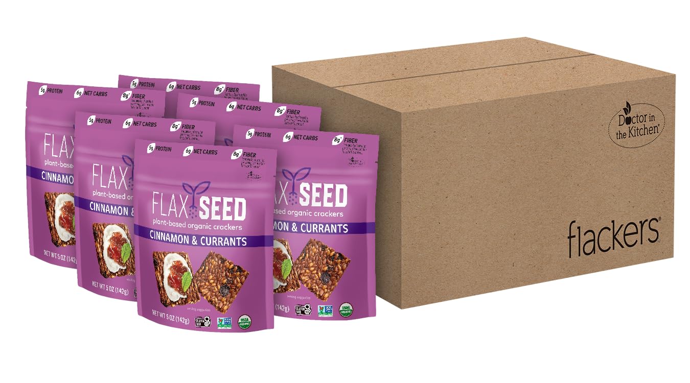 Flackers Organic Flax Seed Crackers, Cinnamon & Currants, 5 Oz Bag, Pack of 6
