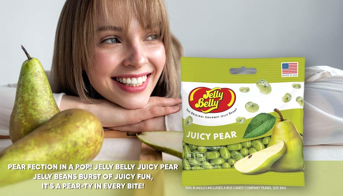 Juicy Pear Flavored Jelly Beans- 3 Pack Of 3.5 Oz Bags- Bundle Includes Travel Size Bag From R.U.S Candy Company