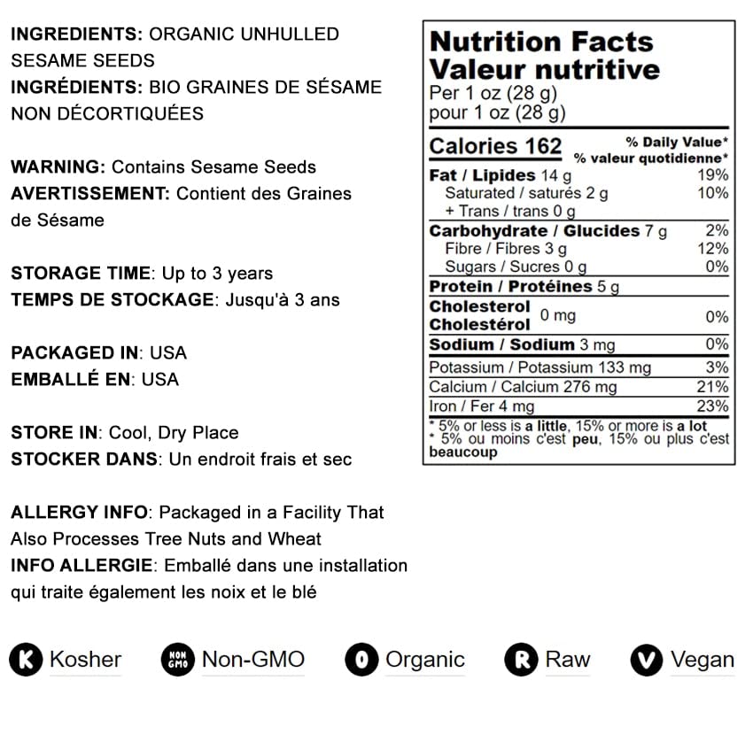 Food To Live Organic Unhulled Sesame Seeds, 2 Pounds — Non-Gmo, Whole Natural Raw White Sesame Seeds, Kosher, Vegan, Bulk, Rich In Dietary Fiber, Protein, & Iron. Crunchy Texture. Great For Baking.