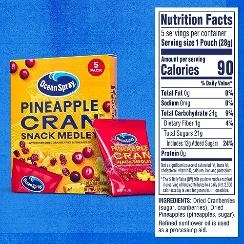 Ocean Spray Pineapple Cran Snack Medley, Cranberry and Pineapple Dried Fruit Snack, 1 Oz Pouches, 5 Count (Pack of 2)