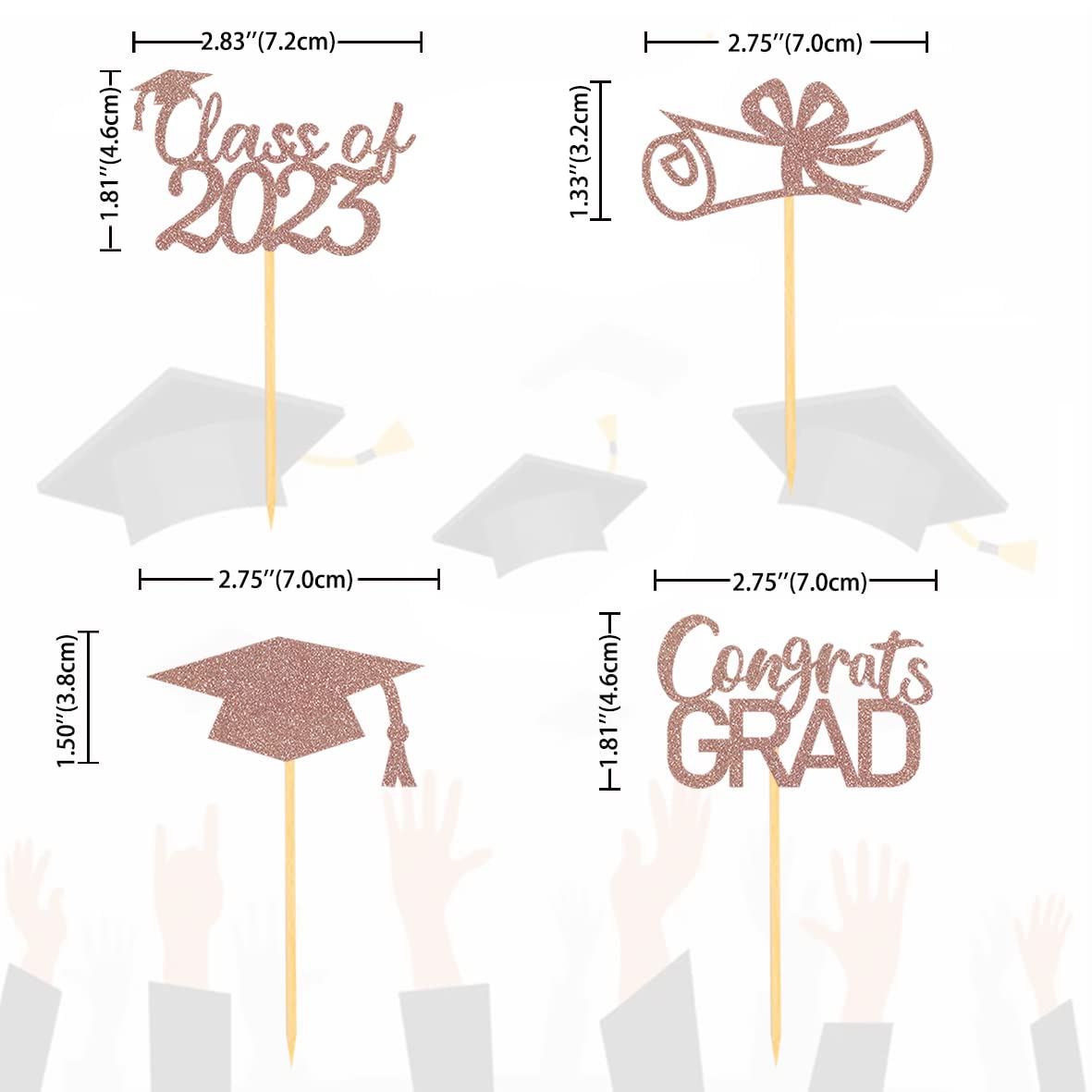 Moitkptt Cupcake Toppers Glitter Class of 2025 Graduation Cap Picks - Set of 24, Rose Gold, Paper