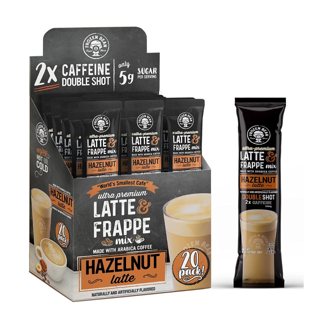 The Frozen Bean - Hazelnut Frappe & Latte Instant Mix With Arabica Coffee  Double Caffiene  Low Sugar - For Hot  Iced  Or Frappuccino-Style Blended Drinks - (20) 0.53Oz Single Serve Sticks