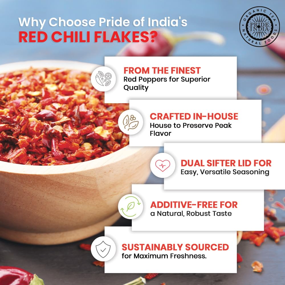 Pride Of India - Pack Of 6 - Red Chili Flakes - Gourmet Spice/Culinary-Pleasant Heat/Distinct Flavor & Aroma-Sprinkle Onto Pizza