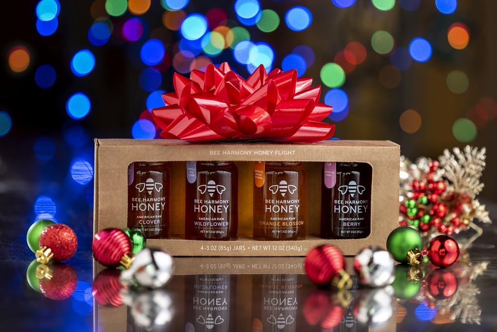 Bee Harmony Classic Honey Flight, Mini Honey Gift Set, 4 Jars, 3 Oz Each, Premium Raw Honey, Made In The Usa