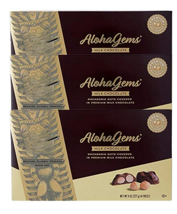 Aloha Gems Creamy Milk Chocolate Covered Top-Grade Whole Macadamia Nuts - 3 Boxes Each 8 Oz  42 Pieces Total