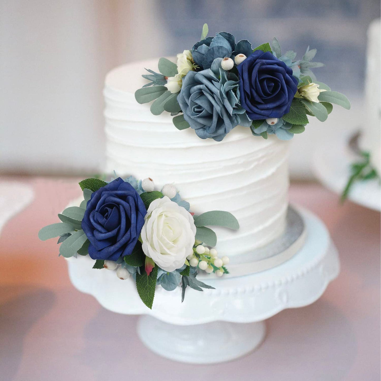 Rinlong 3Pcs Pre-Made Cake Toppers Navy Blue Flowers Cake Decorations Wedding Cake Decorating Flowers Decor Birthday Baptism Par