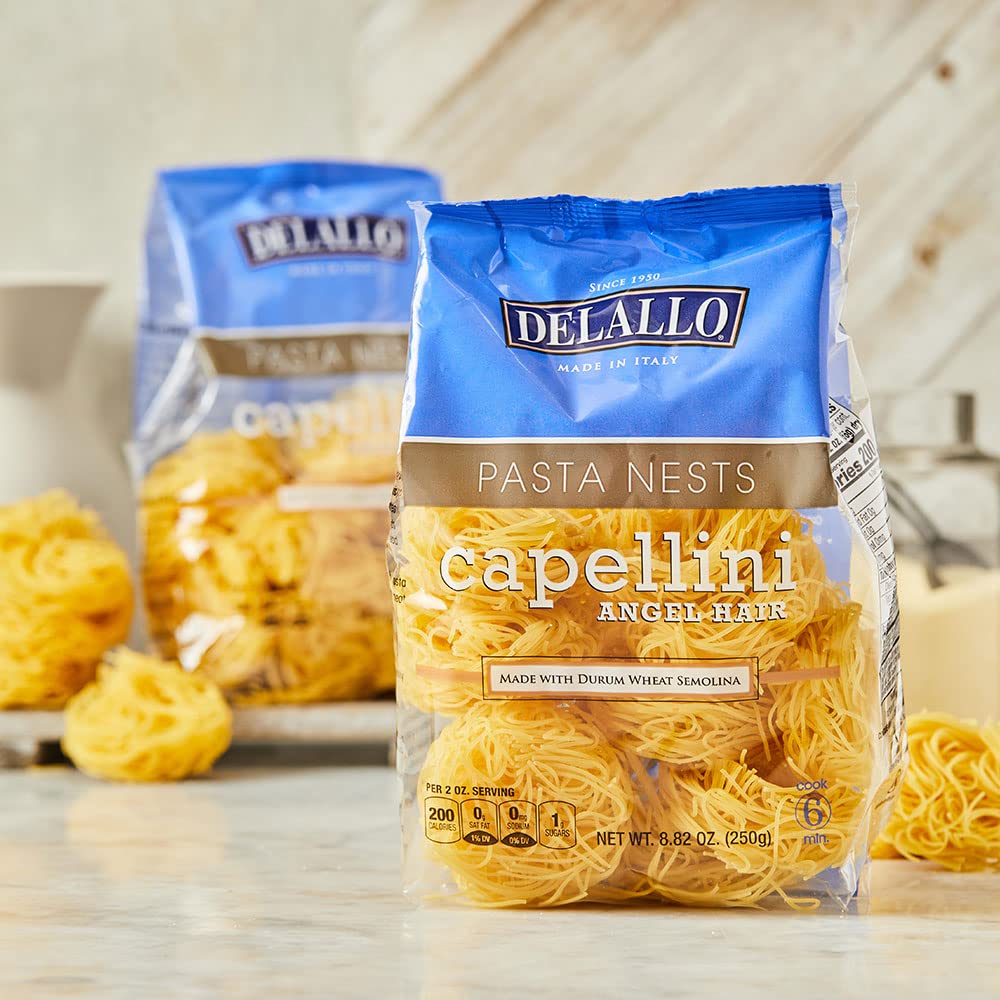 Delallo Capellini Egg Pasta Nests, Angel Hair Long-Cut Pasta, 8.8Oz Bag
