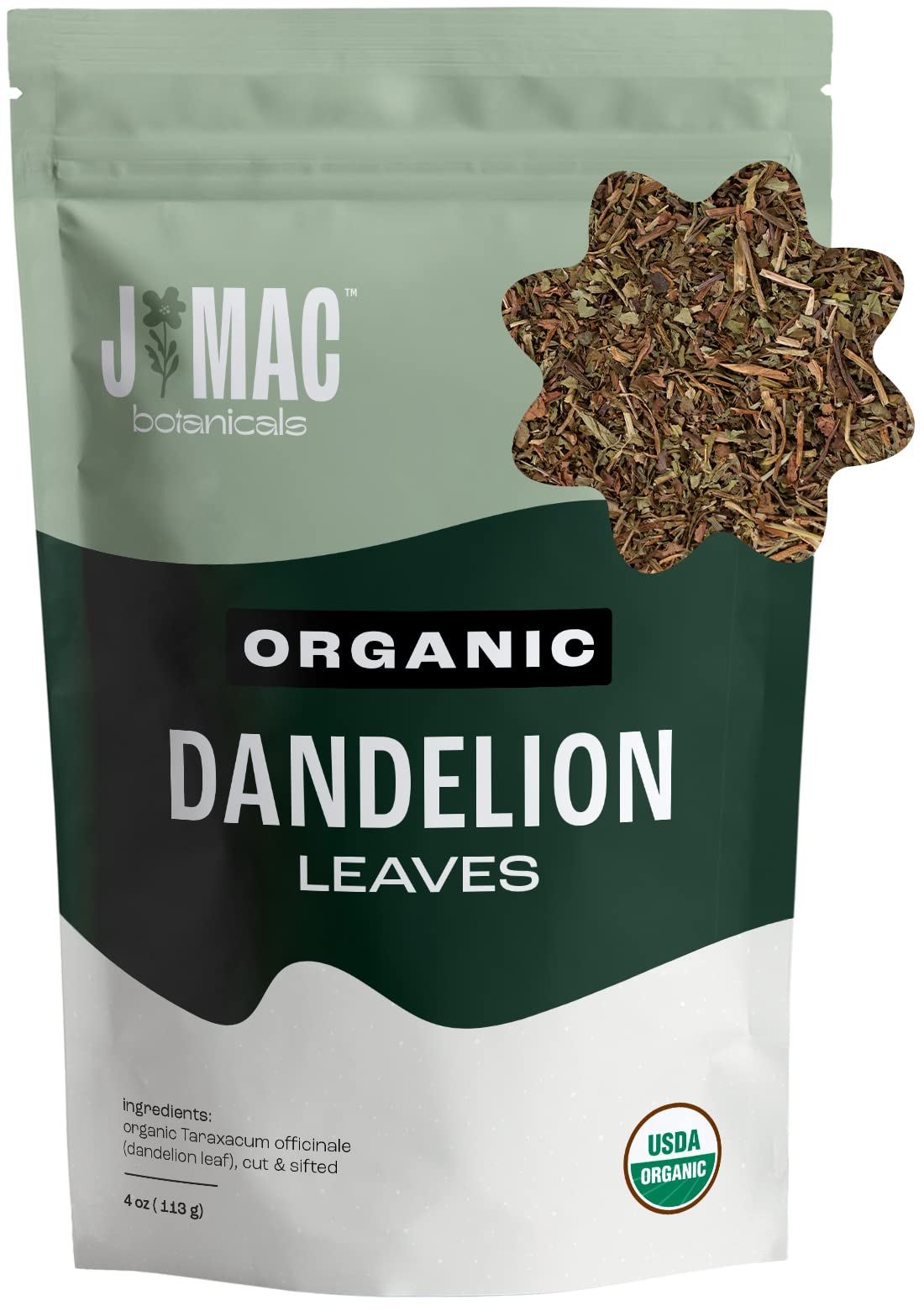 J MAC BOTANICALS Organic Dandelion Leaves Tea, Cut & Sifted, 4 oz Bag, USDA Certified Organic