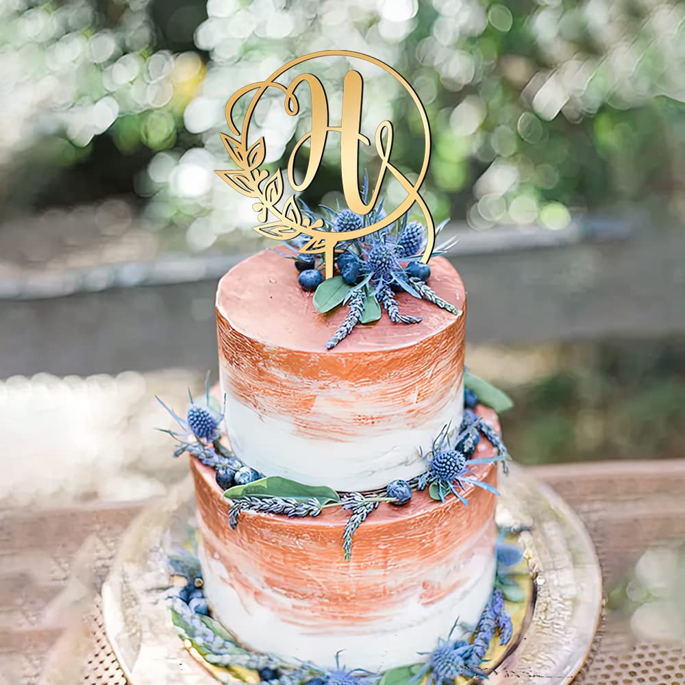Kiskistonite Initials H Cake Topper, Monogram Cake Topper H, Rustic Wedding Cake Topper, Wreath Letter H Cake Topper, Mirror Gol