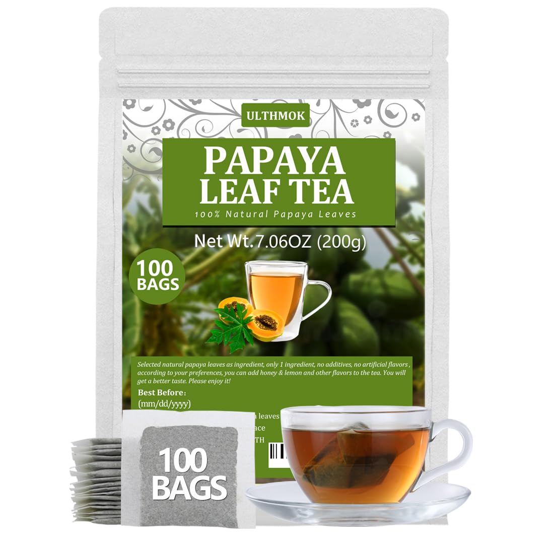 100 Top-Grade Papaya Leaf Tea Bags  Made With 100% Natural Papaya Leaves  Free Wellness Tea  No Additives & Energy Blend Free.