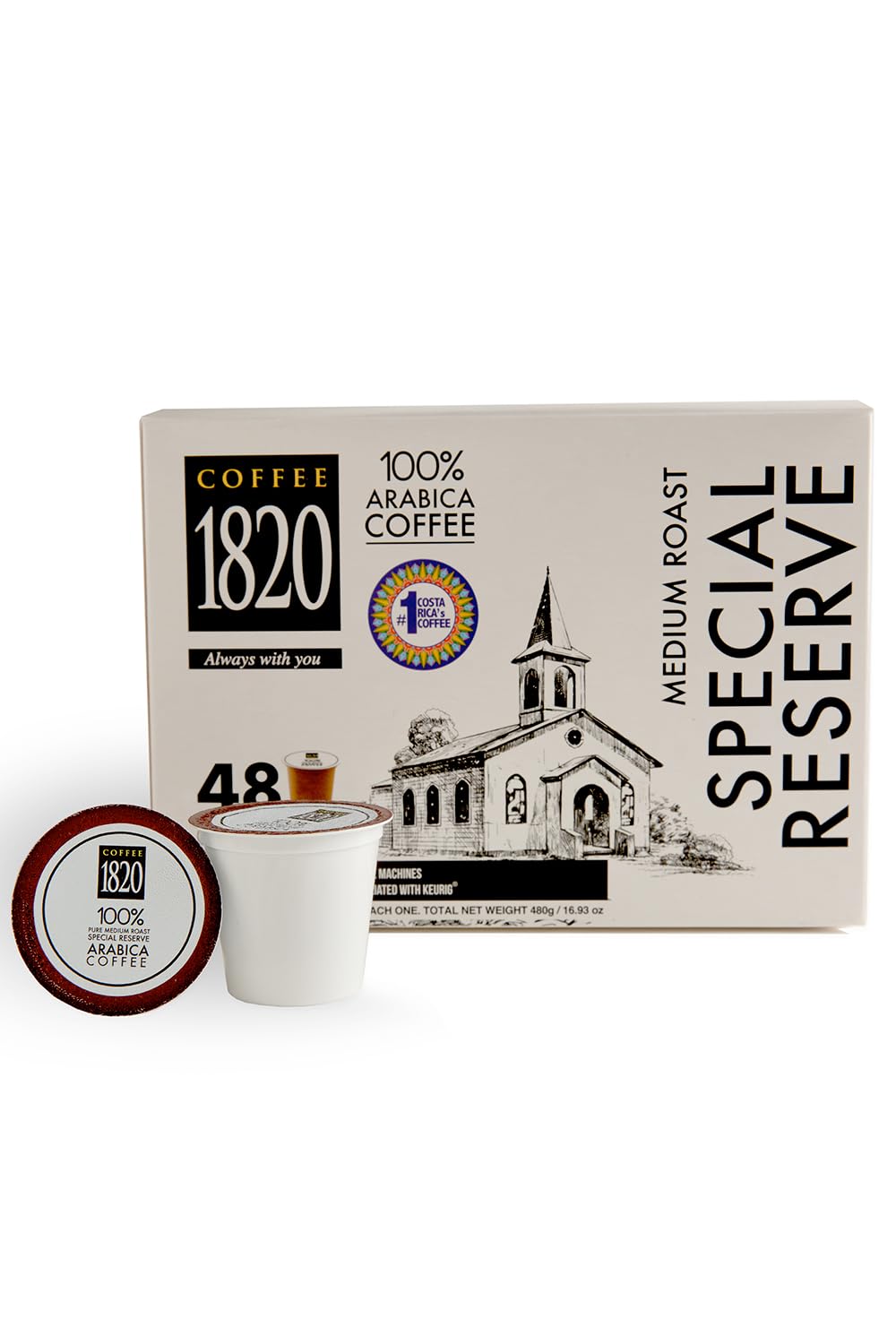 Caf? 1820 Special Reserve Ground Coffee Cups  Top-Grade Costa Rican Blend  100% Arabica  Medium/Dark Roast  Compatible With Keurig Machines  48 Pods