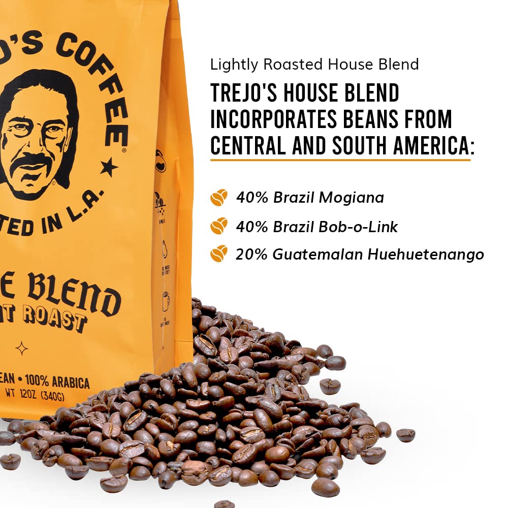 Trejos Tacos Coffee House Blend Light Roast Whole Bean Coffee, 12 Ounce Bag, 100% Arabica