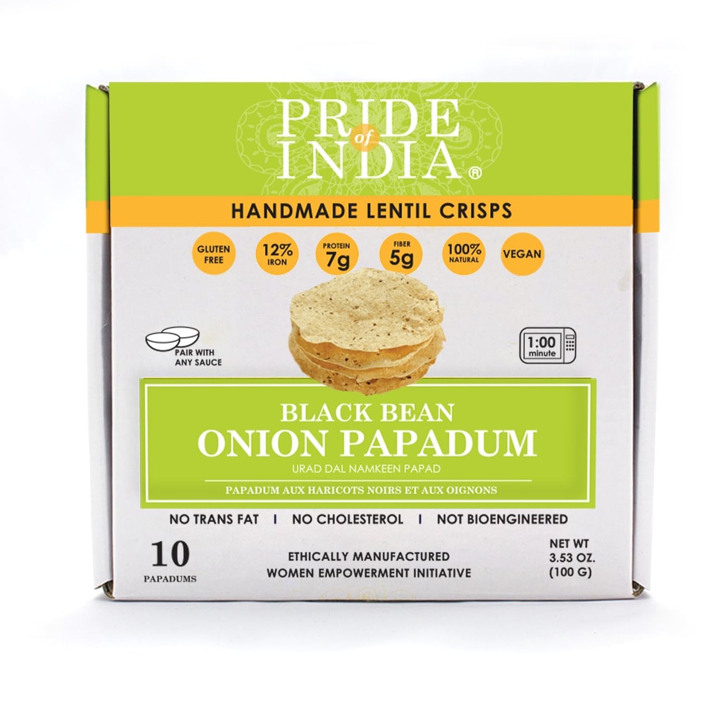 Pride of India | Pack of 6- Onion Papadum, 10 Count (3.53oz - 100g) | Indian Lentil Crisps (Papad) | Gluten-Free, Vegan, Healthy