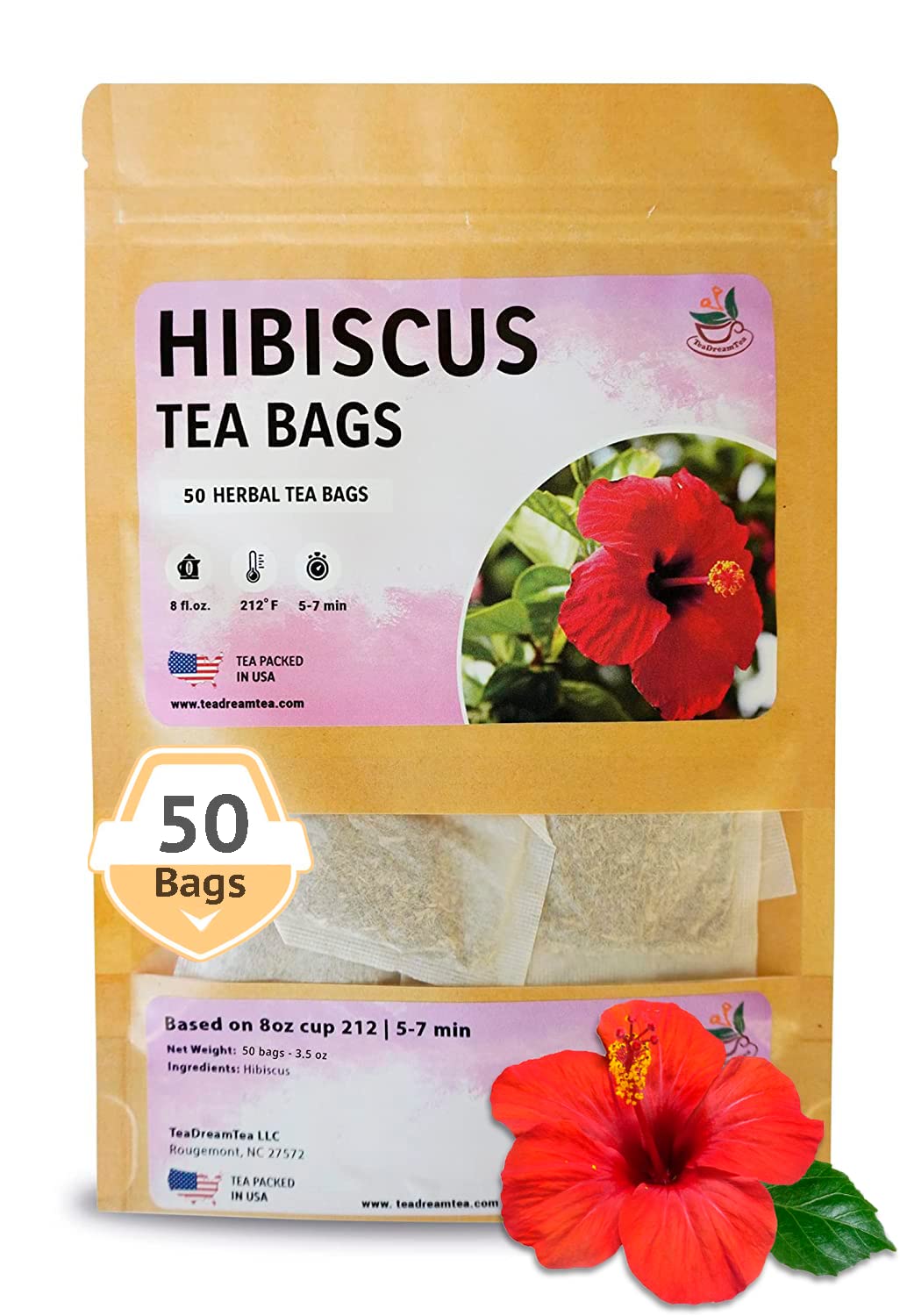 Teadreamtea Hibiscus Tea Bags | 50 Bleach-Free Tea Bags | Caffeine Free | Dried Hibiscus Flowers | Hibiscus Flower Tea | Dried Flower Tea | Brew Hot Or Iced |Herbal Hibiscus Tea