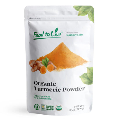 Food to Live Organic Turmeric Powder, 8 Ounces Non-GMO, Finely Ground Turmeric Root, Pure, Kosher, Vegan, Bulk. Fragrant Spice. 