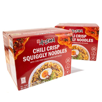 A-Sha Squiggly Noodle With Chili Crisp Drizzle And Rich Soy Sauce (24 Packs) | 11G Of Protein | Top-High Standardir Dried Never Fried Noodles
