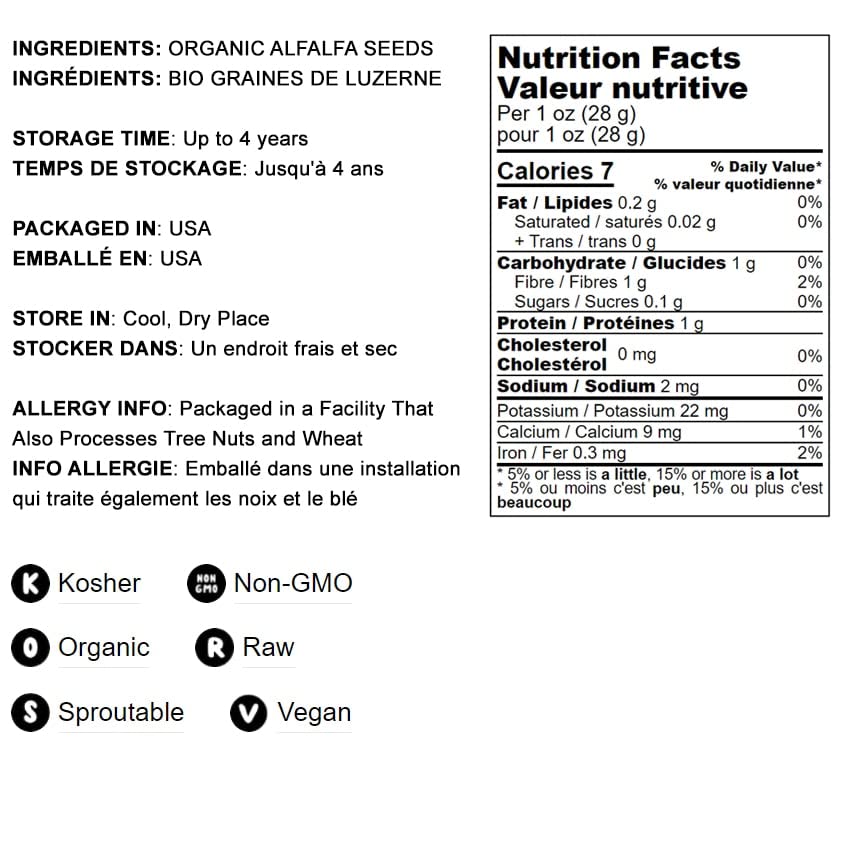 Food to Live Organic Alfalfa Seeds for Sprouting, Non-GMO, 12 Ounces, Pure, Kosher, Rich in Vitamin K, Green