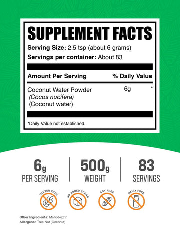 Bulkdietary products Coconut Water Powder - Electrolyte dietary product, No Sugar Added, Gluten Free, 500g (1.1 lbs)
