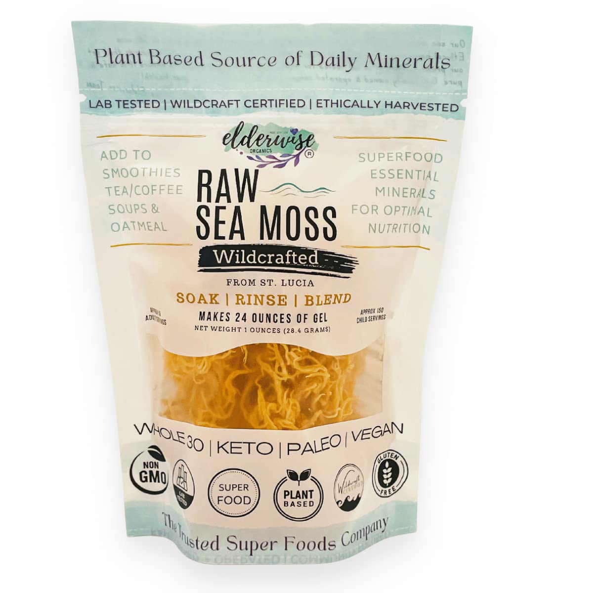 Elderwise Raw Sea Moss | Organic Seamoss Makes 20Oz Of Gel | Wildcrafted Golden Sea Moss | Raw & Non Gmo Certified | Sundried |