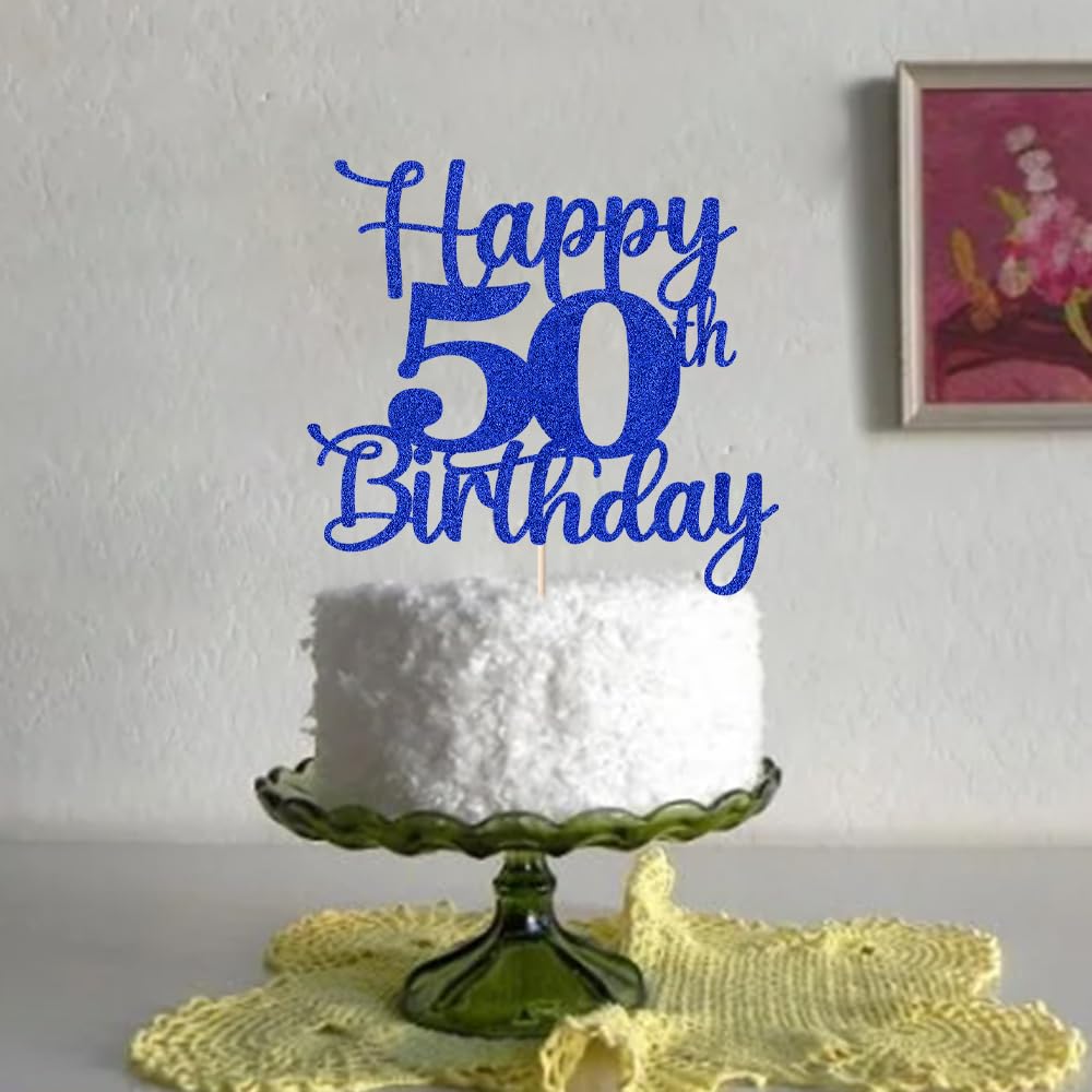 Kaoenla Glitter 50th Birthday Cake Topper, Blue, Paper, Model DDY-695-13-706-75, Cheers to 50 Years Party Decor