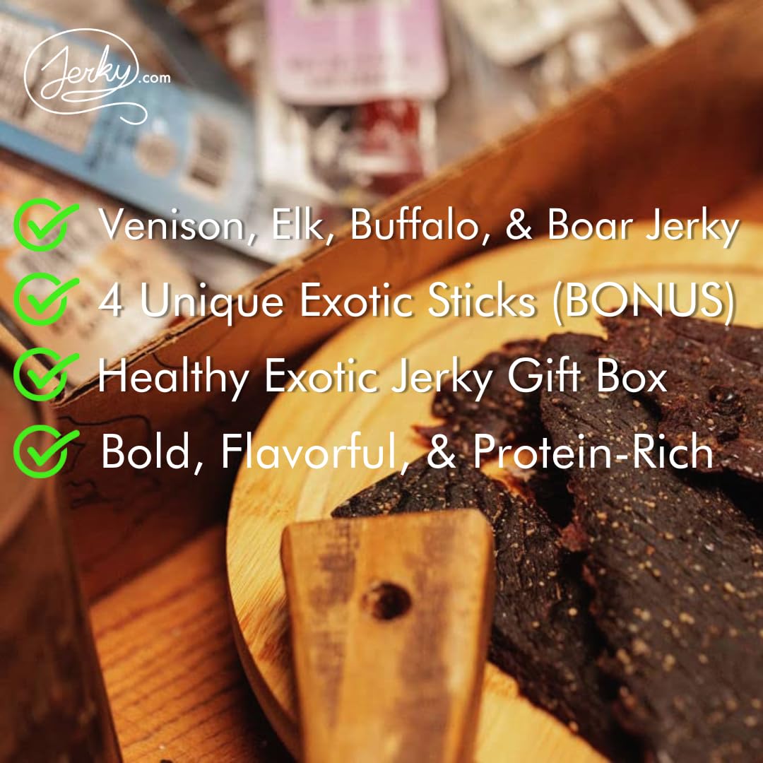 Exotic Jerky Gift Box For Men - 8 Piece Exotic Jerky & Meat Sticks Gift Set - Healthy Exotic Jerky Gift Box Includes Venison, El