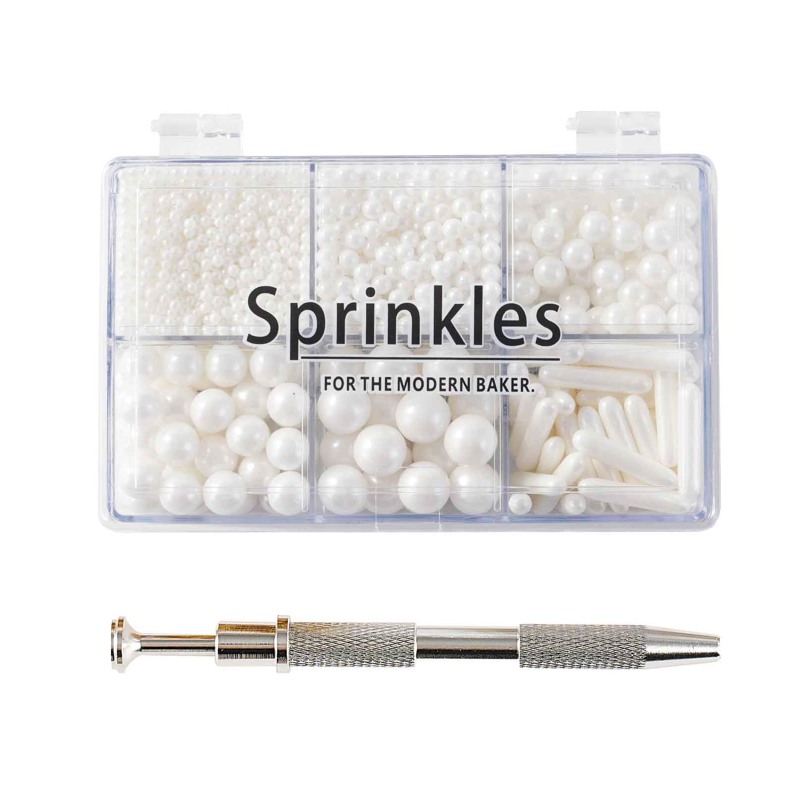 Kasvan White Mix Sugar Sprinkles - Edible Candy Pearls with 4-Claw Sprinkle Pen,118g/4.16 Oz, Gift Box Pack, Baking Cake Decorat