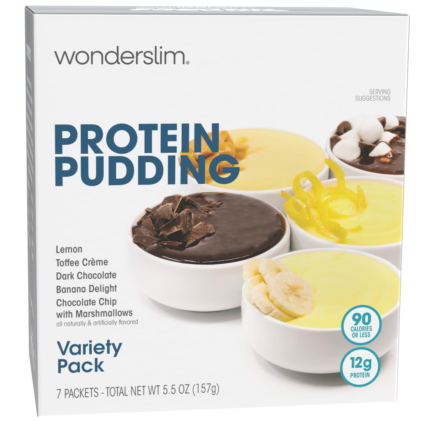 WonderSlim Protein Pudding Mix Variety Pack, 80-90 Calories, 12g Protein, 1 Box - 7 Count
