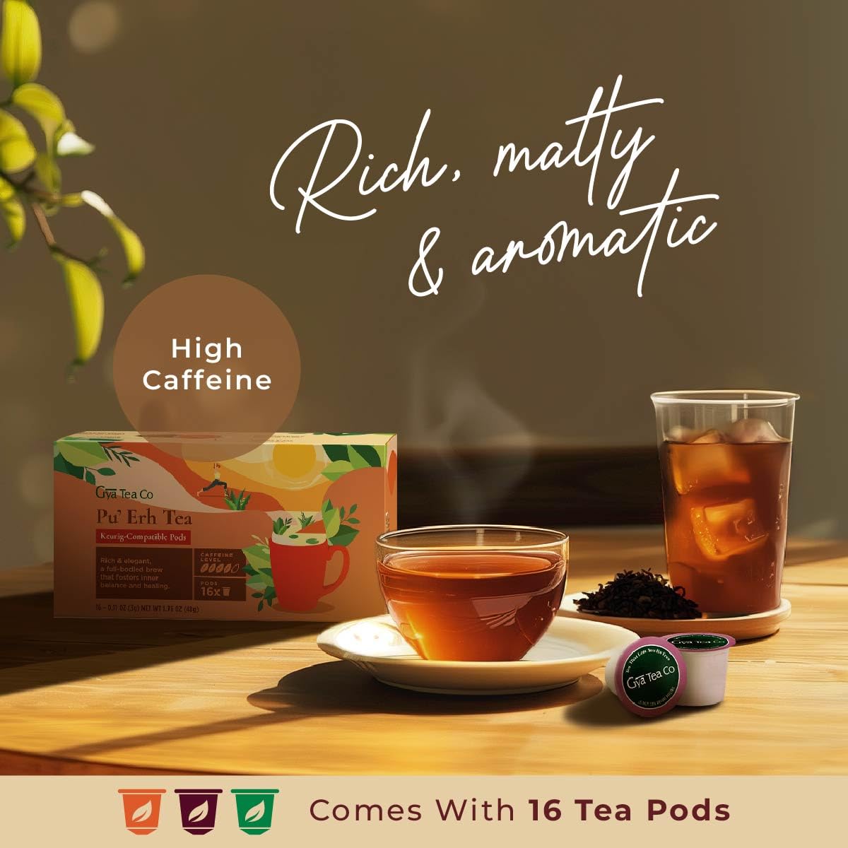 Gya Tea Co Caffeinated PuErh Black Tea Pods - 16 Count, Smooth and Robust, Enjoy Hot or Iced
