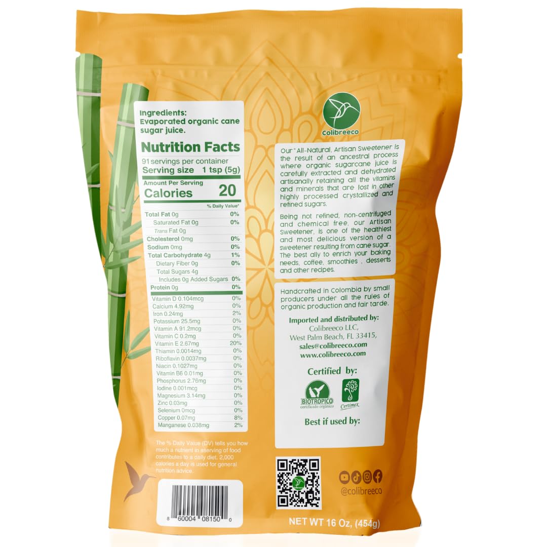 Colibreeco, Organic Unrefined Cane Sugar, 1 Pound (Pack of 4): Perfect for Sweetening Drinks & Recipes | Unprocessed & Chemical-
