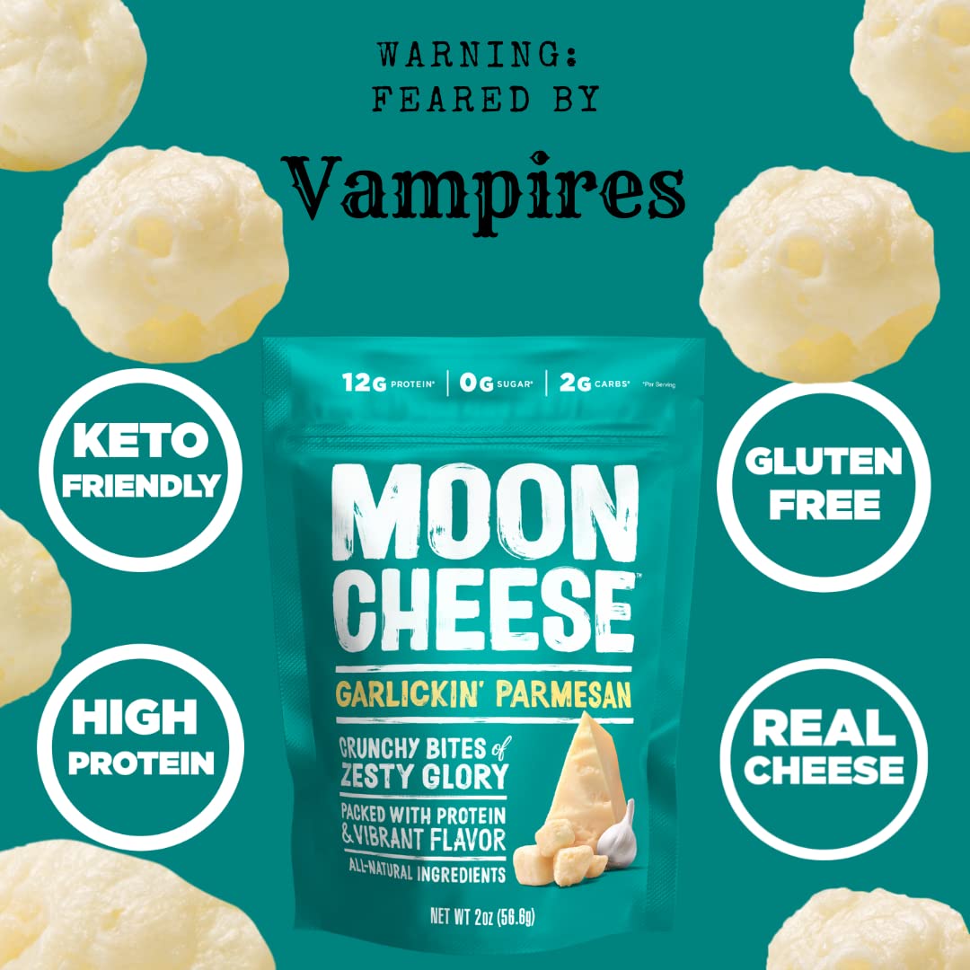 Moon Cheese Garlickin  Parmesan Cheese Bites, 1 Ounce, 12-Pack, Crunchy, Protein Rich Cheese Snack, 100% Real Cheese