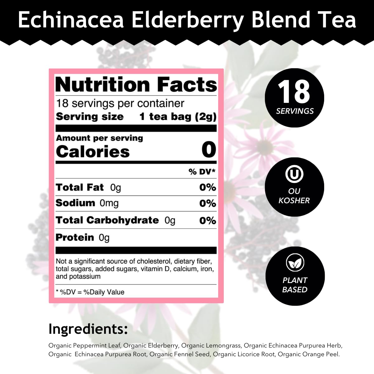 Buddha Teas Organic Echinacea Elderberry Herbal Tea - 18 Count, OU Kosher, Non-GMO, Caffeine-Free