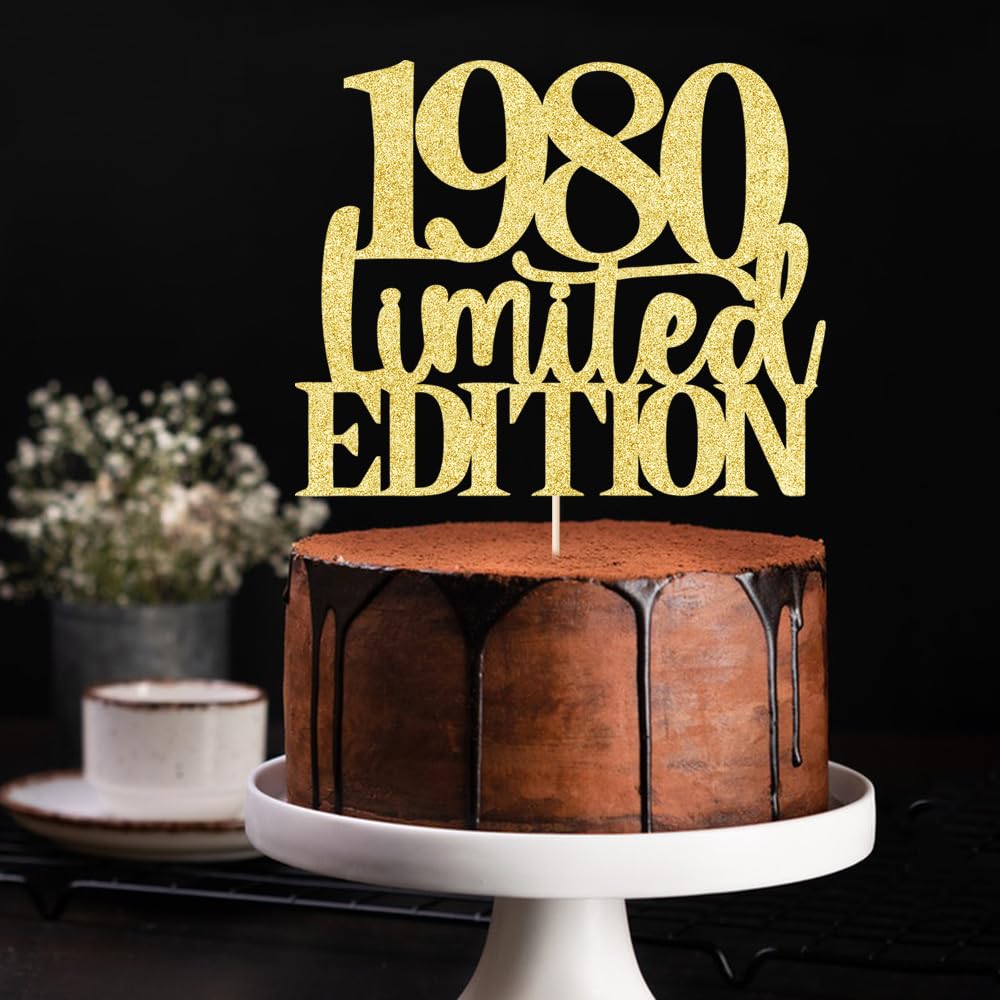 Yetxel 1980 Cake Topper, Handmade Golden Glitter, 45th Birthday Decoration for Men and Women