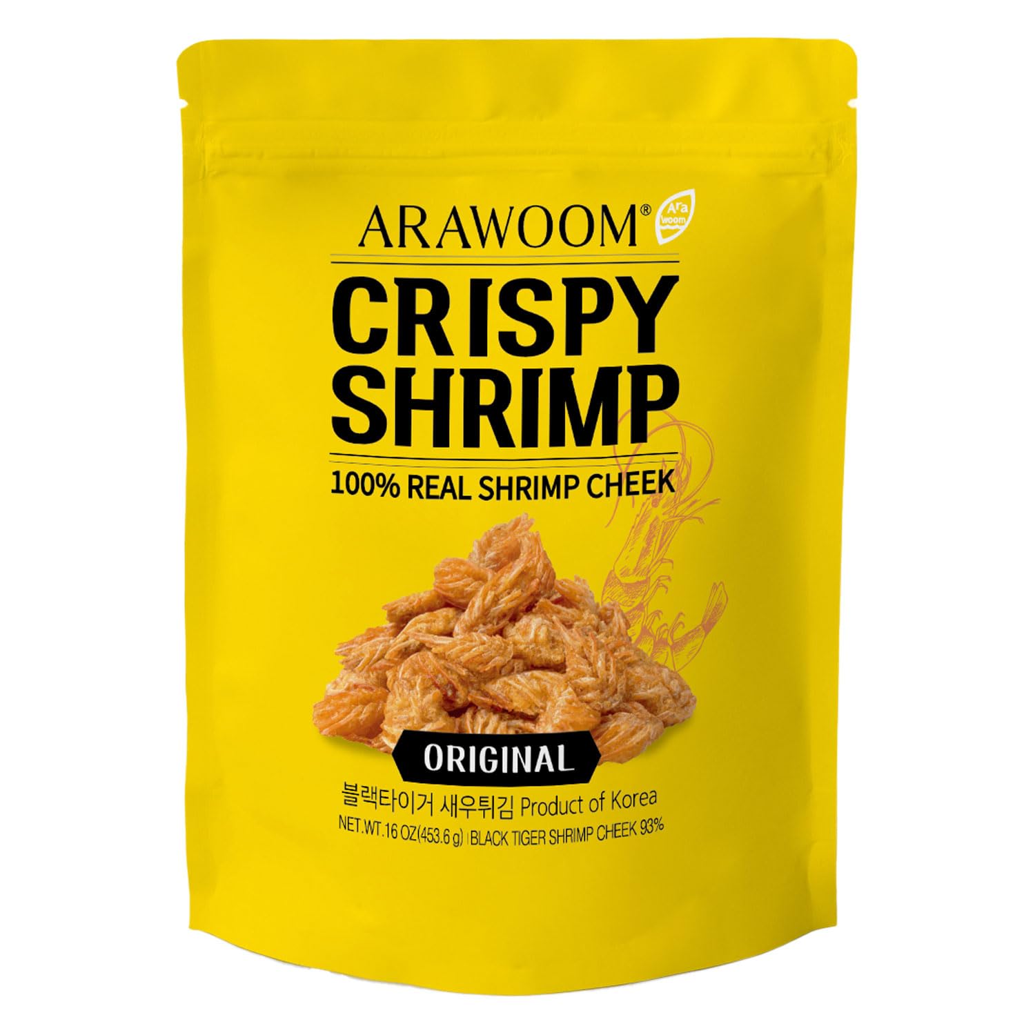 ARAWOOM - Real Crispy Shrimp Cheek Snack - 100% Real Black Tiger Shrimp - 16 ounce (Pack of 1) - Original Flavor - Crunchy Treat