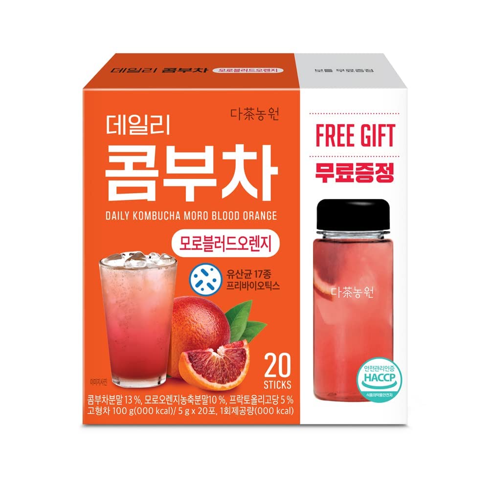 KAYFOOD Daily Kombucha Powder Tea 5g x 20 sticks (100g/3.52oz) with Bottle Sugar Free Diet Tea (Moro Blood Orange Bottle Set)