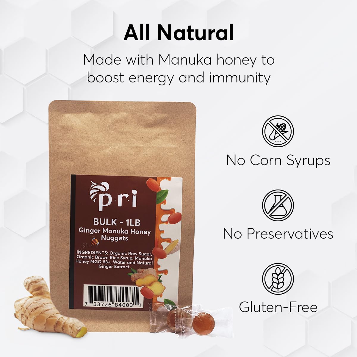 Pri Manuka Honey & Ginger Nuggets, Sweet And All Natural Hard Candy Treat, 1Lb