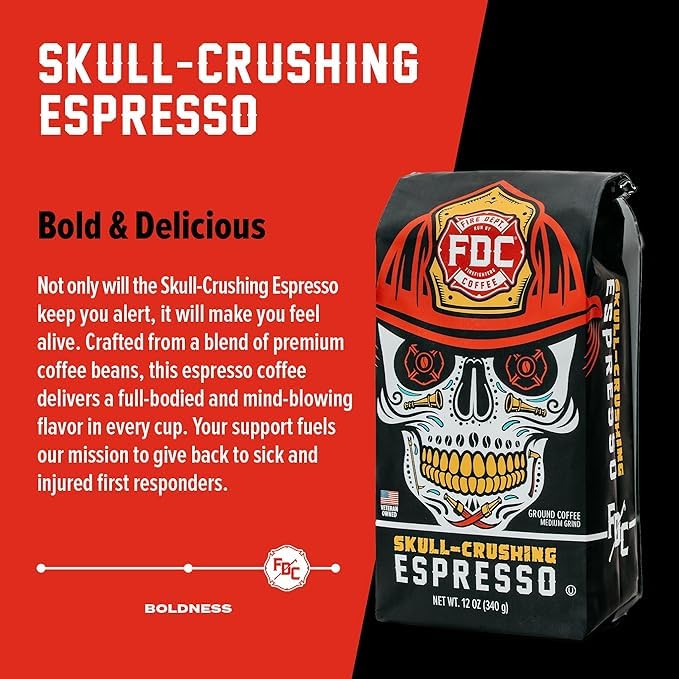 Fire Department Coffee - Gives Back to Firefighters - Skull Crushing Espresso Ground Coffee - Full-Bodied & Bold - Roasted in the USA - Handcrafted with enhanced Coffee Beans - Veteran Owned (12 oz  Pack of 2)