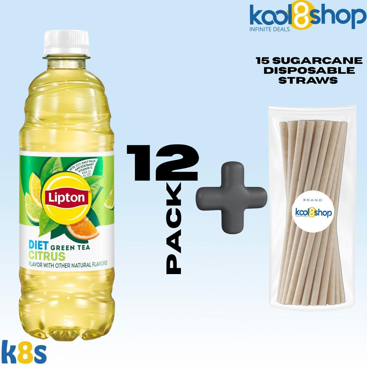 Lipton Diet Citrus Green Tea 16.9 Fl Oz Plastic Bottle 12 Pack + 15 Sugarcane Disposable Straws By Kool8Shop Infinite Deals