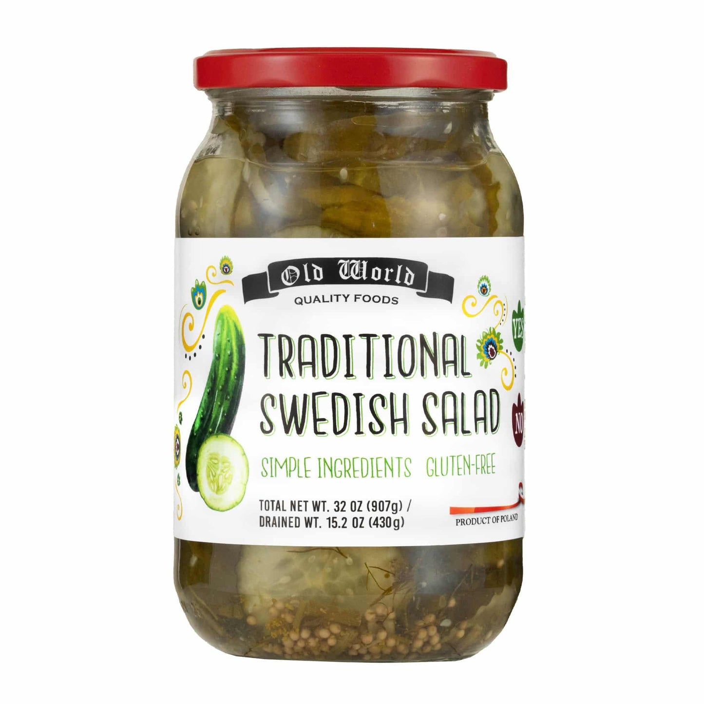 Old World Quality Foods Traditional Swedish Salad, Gluten-Free, Pickled Cucumber Mix, 3 Jar Pack, 32 oz Each, Green
