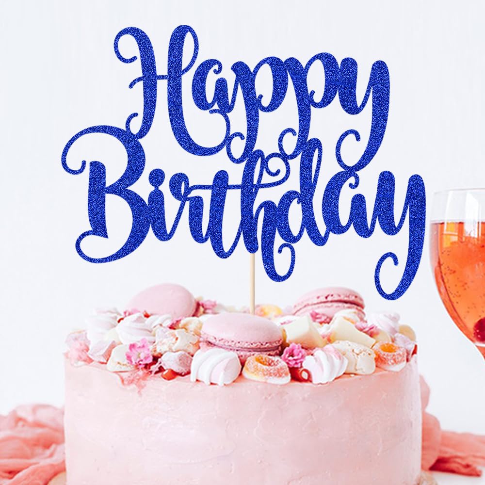 Fmiyuneea Happy Birthday Cake Topper- Glitter Happy Birthday Cake Decor, Handmade Anniversary/Birthday Party Supplies (Deep Blue