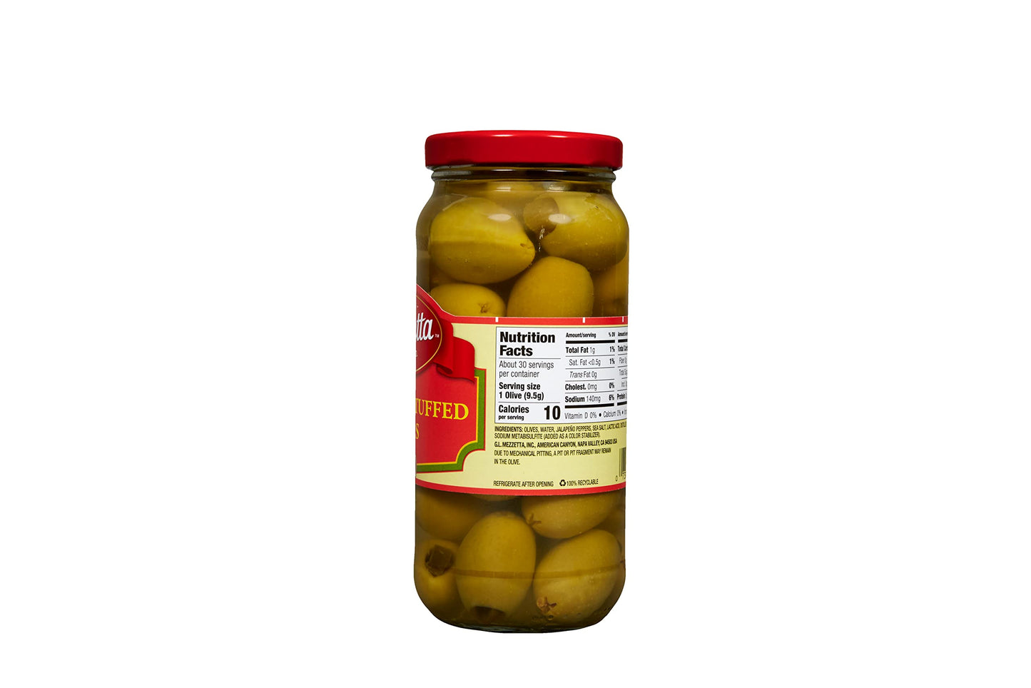 Mezzetta Jalapeno Stuffed Olives, Medium Heat, Gluten Free, Keto, 10 Ounce Jar, Pack of 6