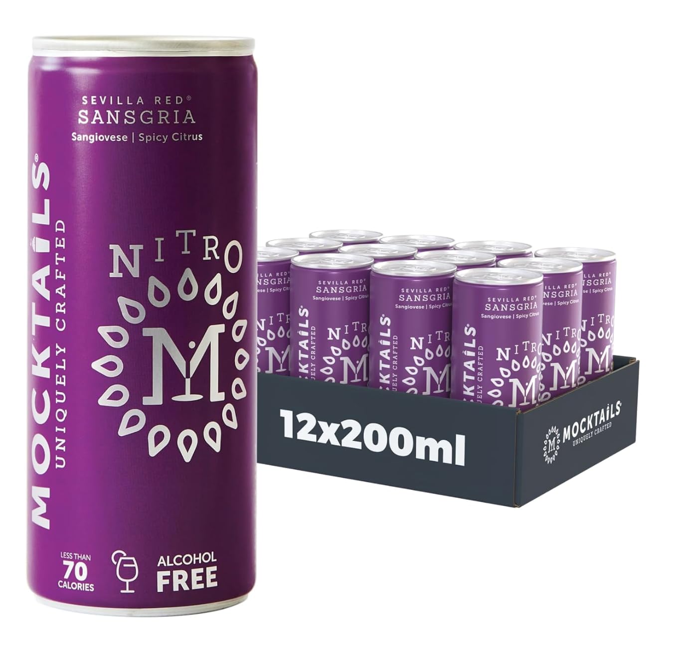 Nitro Mocktails Sansgria (Pack Of 12) | Award Winning Non-Beverage-Style Sangria | Non-Gmo & Vegan Na Drinks | Low Calorie Beverage-Style Alternative Beverage | Zero Proof Flavorful Canned Mocktails | 12X200Ml